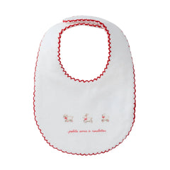 A front view of the Kipp Baby red petits amis terry cotton baby bib.