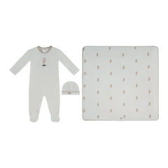 front view of the Kipp baby taupe Atelier Bunny footie, hat, and blanket set.
