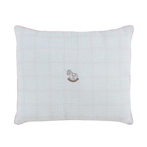 A front view of the Kipp pink whinny plaid decorative nursery throw pillow.