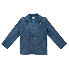 A front view of the Kipp Blue Sol tailored blazer for boys.