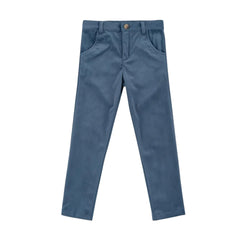 A front view of the Kipp Blue Sol slim tailored trousers for boys.