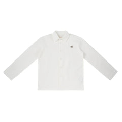 A front view of the Kipp white stripe formal dress shirt for boys.