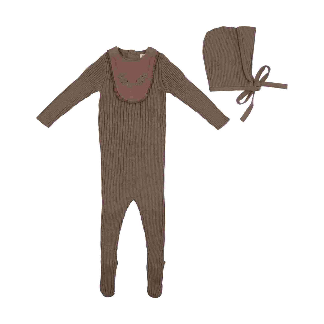 Bee & Dee Coffee Knit Embroidered Bib Footie + Beanie