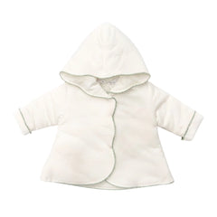 A flat-lay view of the La Mascot picot trim jacket in white and green.