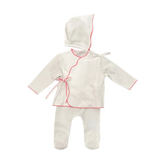 A flat-lay view of the La Mascot Pima cotton wrap set and bonnet in white and fuchsia.