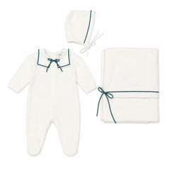 front view of the La Mascot ivory and blue sailor velvet trim 3-piece set.
