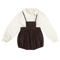 A front view of the La Nina brown baby girls pinstripe 3-piece formal set.