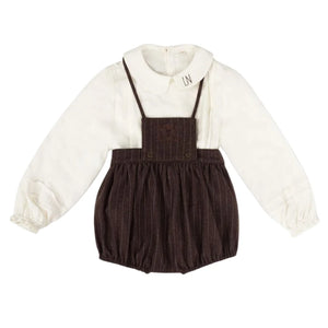 A front view of the La Nina brown baby girls pinstripe 3-piece formal set.