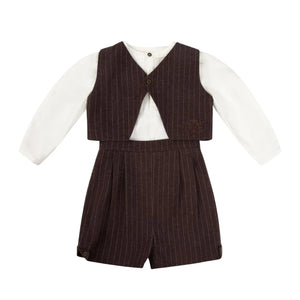 A front view of the La Nina brown boys pinstripe 3-piece formal set.