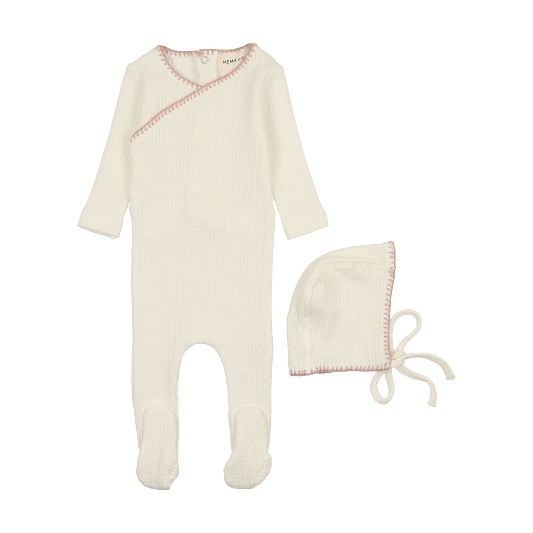 Mema Knits Cream & Pink Stitch Textured Embroidery Edge Footie