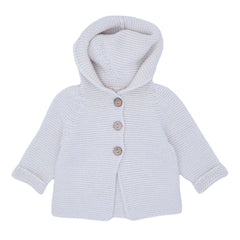 front view of the Li & Me knit hooded cardigan featuring soft buttons and an attached hood.