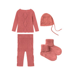 complete flatlay of the Li & Me 4-piece openwork knit newborn set.