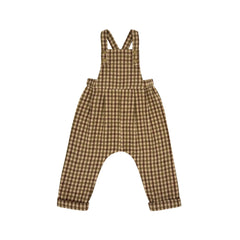 A front view of the Lillies Dream oak gingham children's overalls.