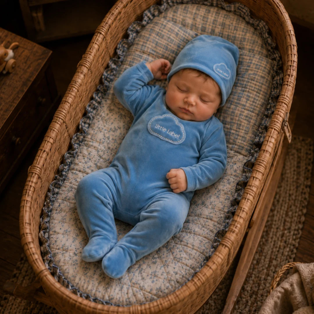 An infant resting peacefully while wearing the Little Label blue footie and hat set.