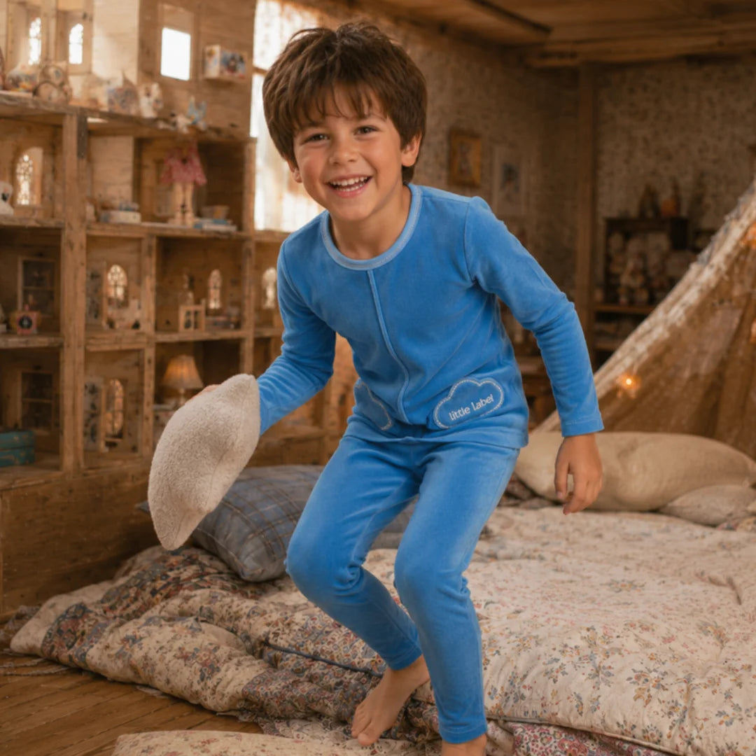 A child relaxing comfortably while wearing the Little Label blue pajama set.