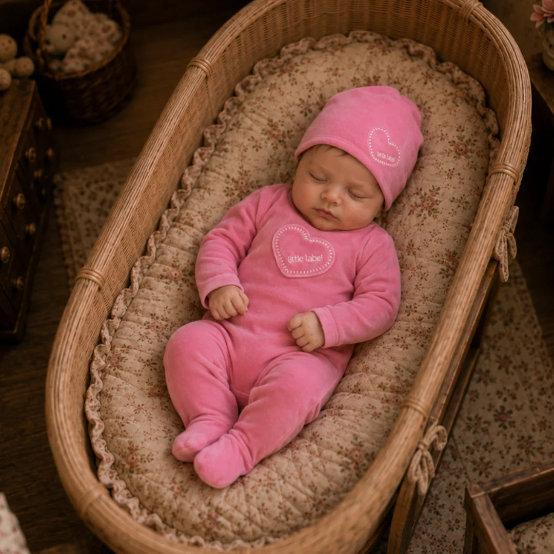 An infant resting peacefully while wearing the Little Label hot pink footie and hat set.