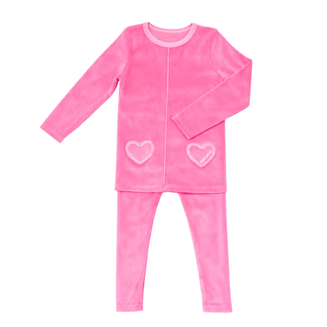 A front view of the Little Label hot pink velour pajama set with heart pocket.