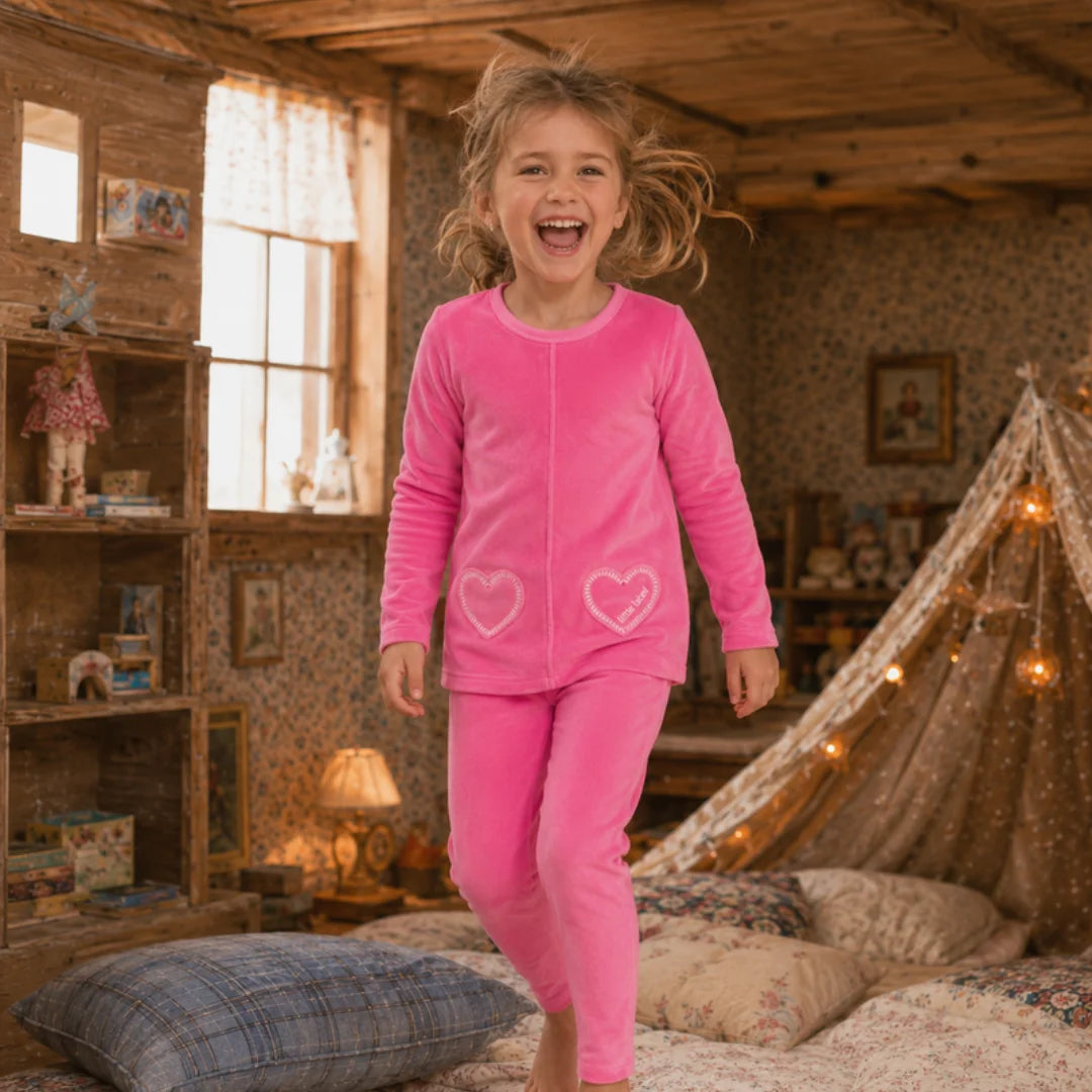 A child relaxing comfortably while wearing the Little Label hot pink pajama set.