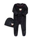 A front view of the Little Label black velour baby footie and matching hat with red piping.
