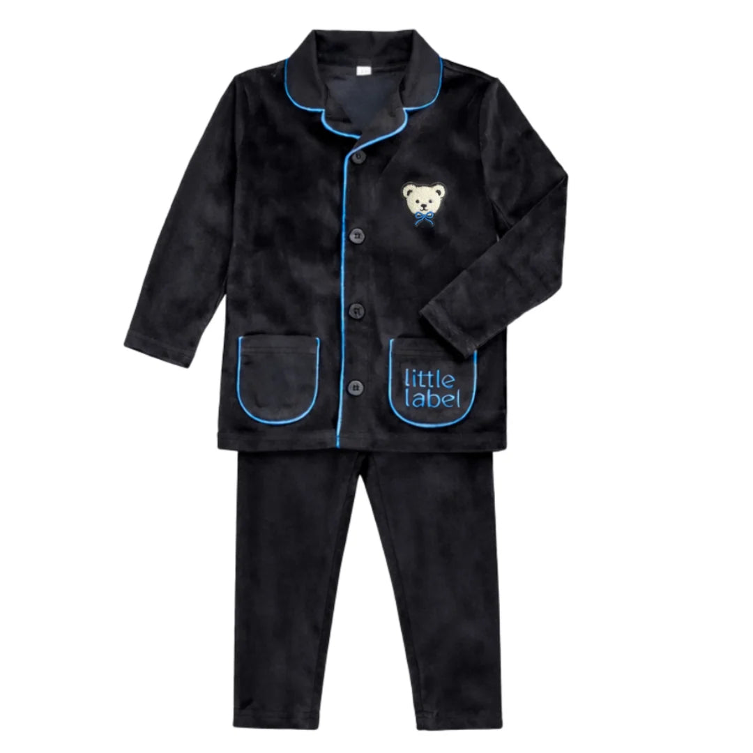 A front view of the Little Label black velour grandpa pajama with blue piping.