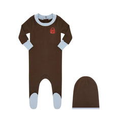 A front view of the Little Parni brown and light blue chestnut locket newborn footie.