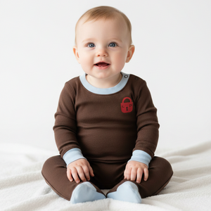 A baby sitting on a white blanket wearing a brown long-sleeve romper with light blue trim and light blue socks.