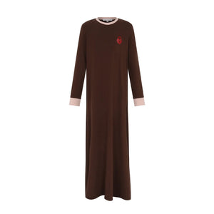 A front view of the Little Parni brown and pink chestnut locket newborn nightgown.