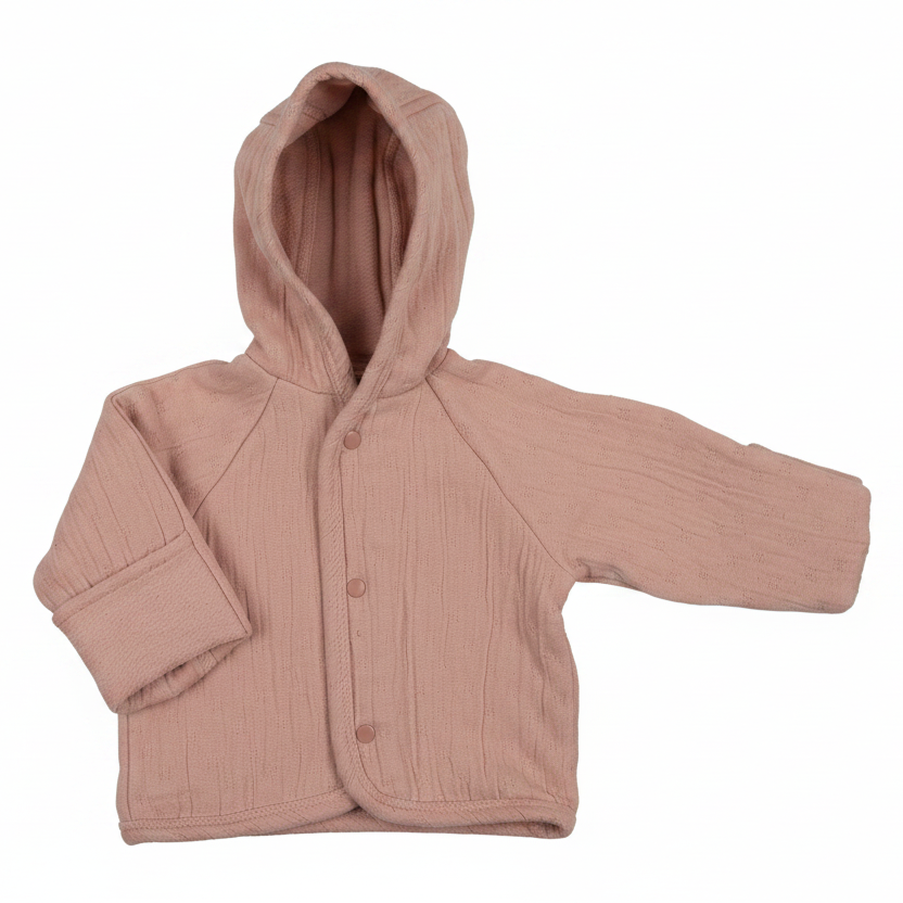 A dusty rose pink ribbed cotton muslin hooded cardigan with button closure, laid flat on a white background.