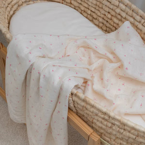 A high-resolution close-up of the fine Pima cotton texture and Rose Garden print.