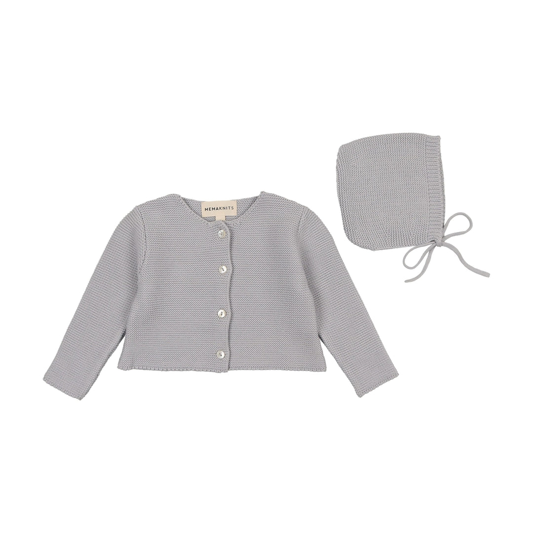Mema Knits Light Blue Knit Cardigan + Bonnet