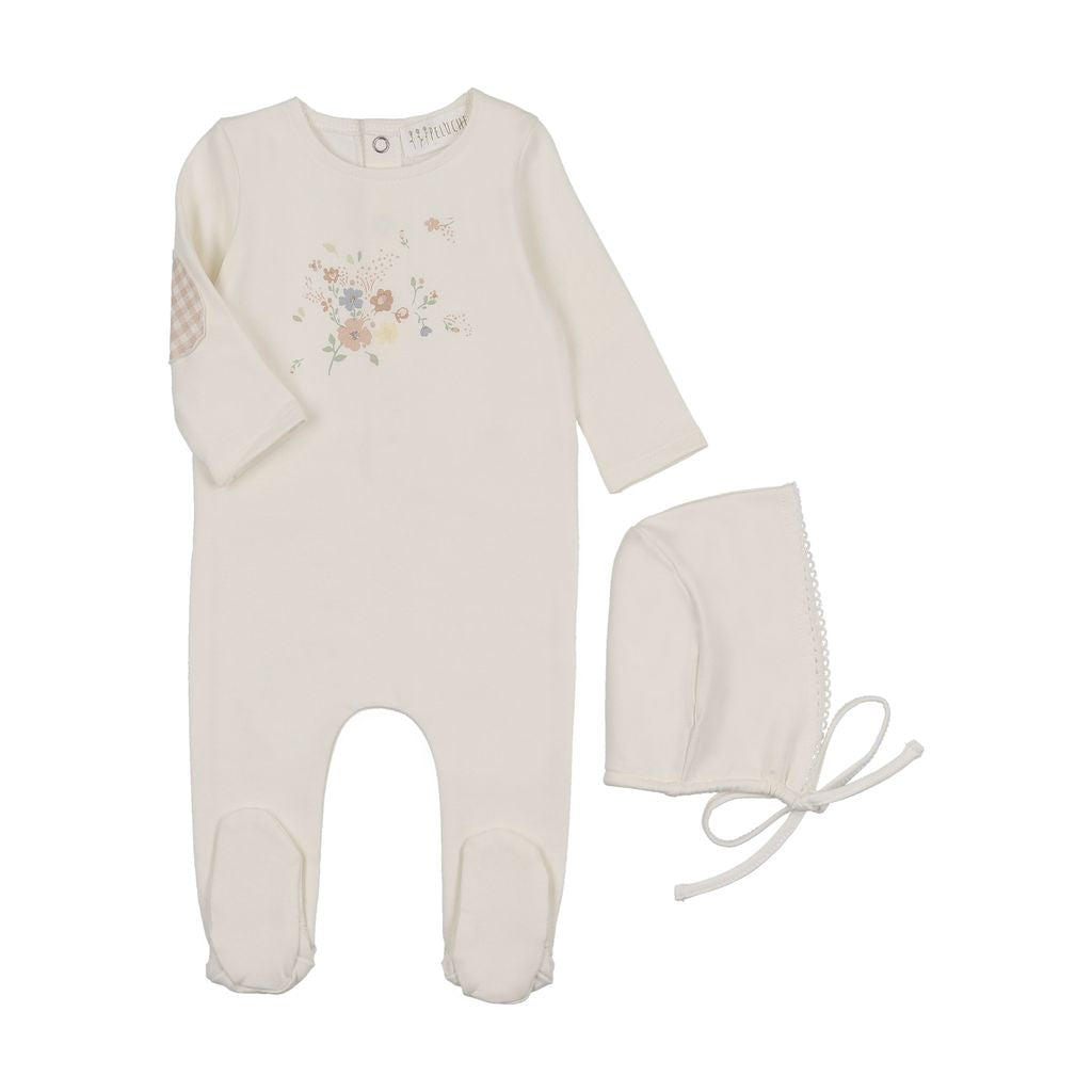 Baby Pink Gingham Floral Footie Set by Peluche – Soft Cotton Sleepwear