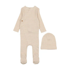 Mema Knist Cream\ Pale Pink Striped Side Button Footie +Beanie