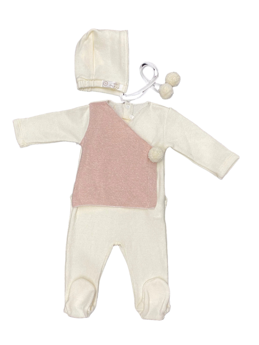 Italian Made Baby Girl Kimono Footie & Pom Pom Hat - Soft Cream & Pink
