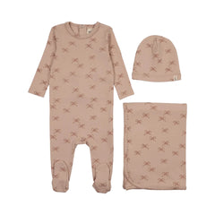 A front view of the Mema Knits bow print pointelle footie three-piece set in pink with dark pink bows.