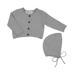 A flat-lay view of the Mema Knits windy blue cropped knit cardigan and bonnet set.