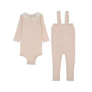 A front view of the Mema Knits knit overall and embroidered collar onesie set baby blush