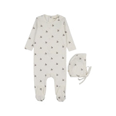 A front view of the Mema Knits printed snap-back footie and bonnet set in blue floral print.