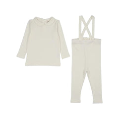 A front view of the Mema Knits ivory rib ruffle collar two-piece set.