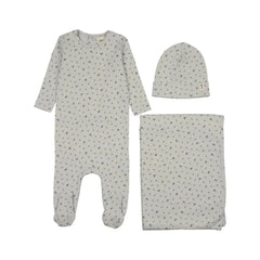 A flat-lay view of the Mema Knits blue floral printed snap back footie 3-piece set.