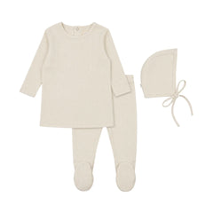A front view of the Mema Knits yellow tulip print two-piece set and bonnet.
