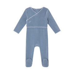 A front view of the Mini Label boys blue classic velour footie.