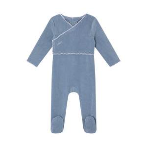 A front view of the Mini Label boys blue classic velour footie.