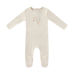 A front view of the Mini Label ivory baby boy footie with a Little Explorer graphic.