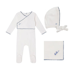 A front view of the Mini Label boys white classic velour gift set.