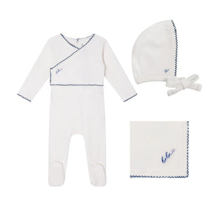 A front view of the Mini Label boys white classic velour gift set.