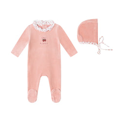 A front view of the Mini Label floral collared velour footie and bonnet in pink.