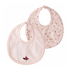 A front view of the Mini Label girls pink heart printed kimono bib.