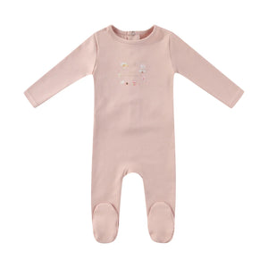 A front view of the Mini Label pink baby footie with a Little Explorer graphic.