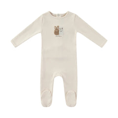 A front view of the Mini Label taupe sherpa baby footie with bunny ears.