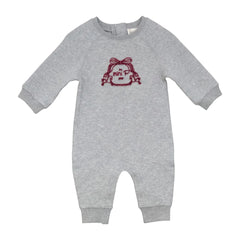 A front view of the Mini P grey and red onesie with velvet emblem.